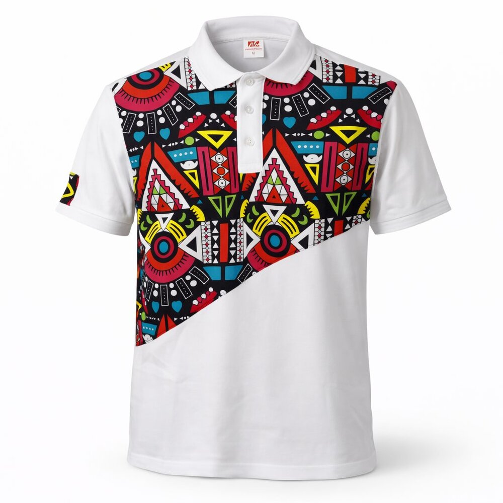 Men's White Polo Shirt with Colorful Geometric Print